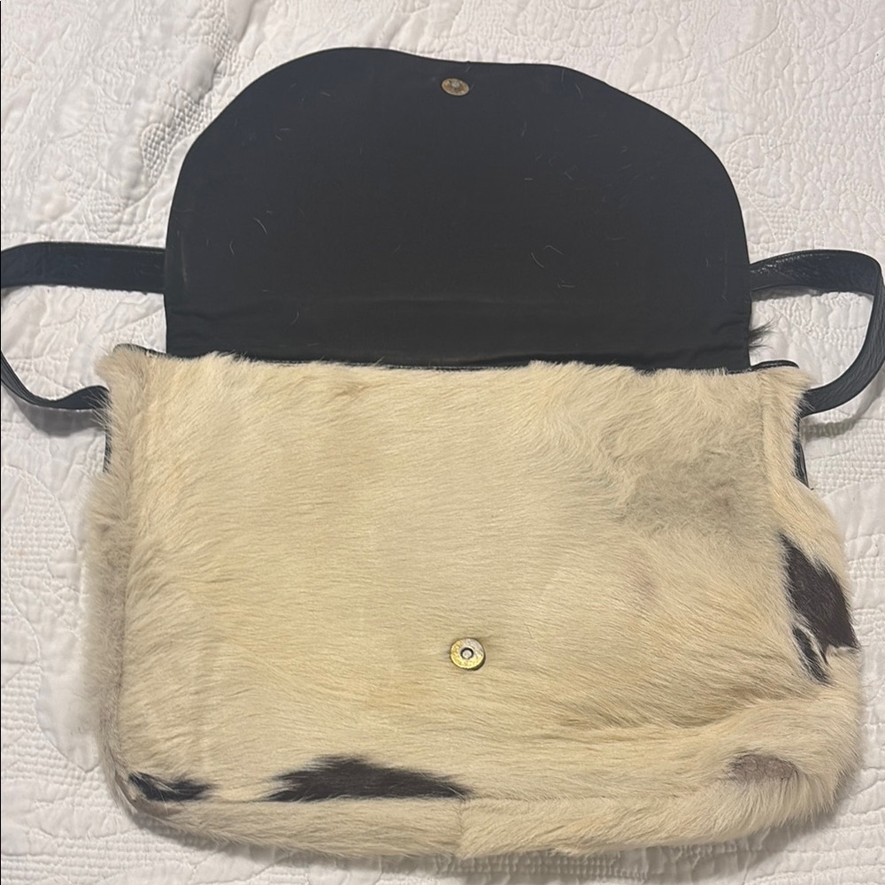 Dark brown and cream cowhide &leather bag upcycled patch & turquoise studs. - Picture 10 of 14
